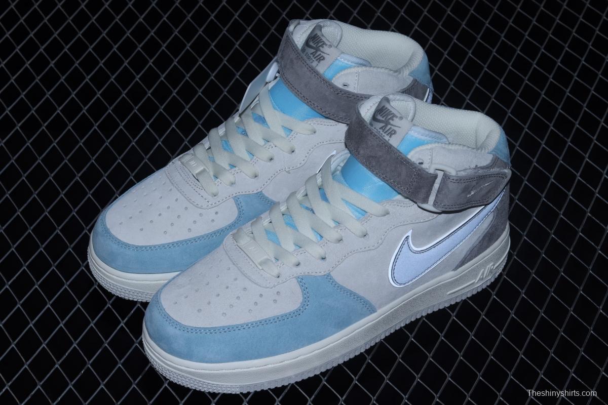 NIKE Air Force 1x 07 Mid light gray and blue suede medium top casual board shoes AL6896-559