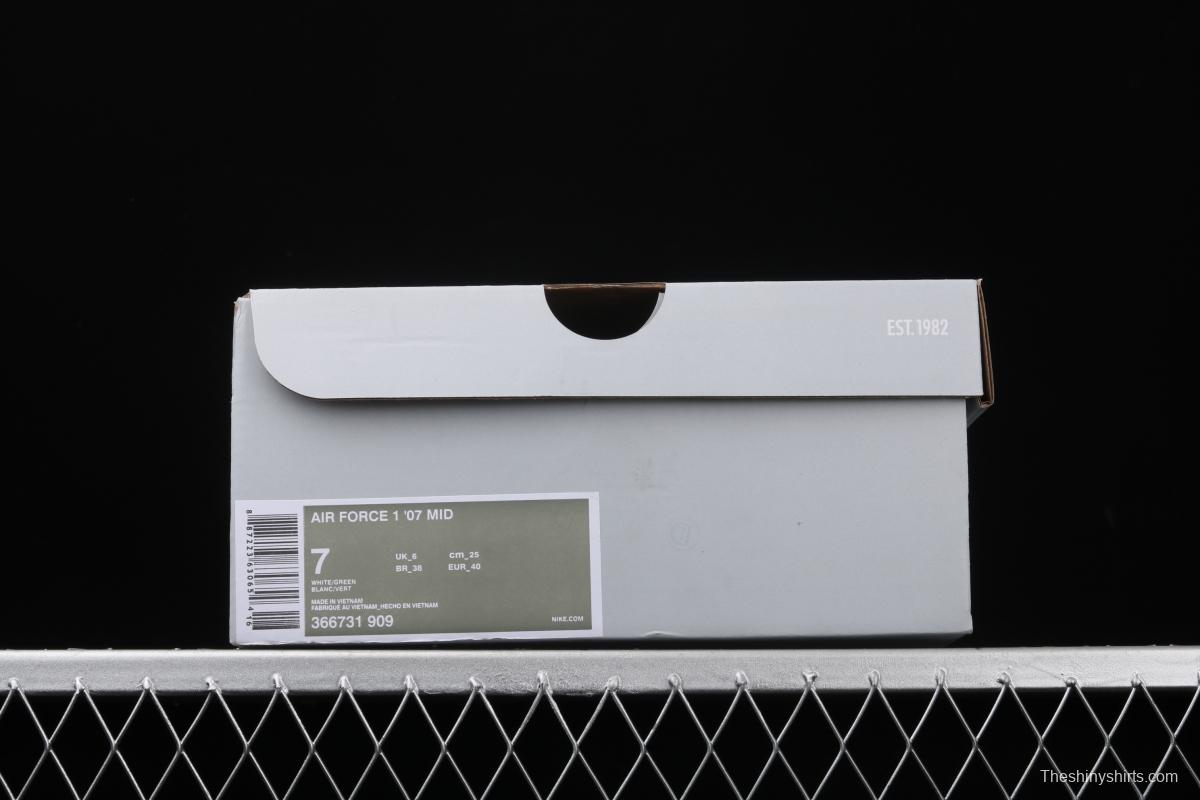 NIKE Air Force 1x07 Mid white and green 3M reflective medium-top casual board shoes 366731-909