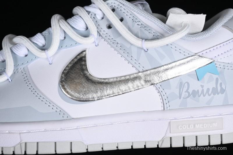 Nike Dunk Low Retro SB Casual Skate Shoes in Light Grey Blue with Silver Swoosh and Deconstructed Straps - HF0730-160