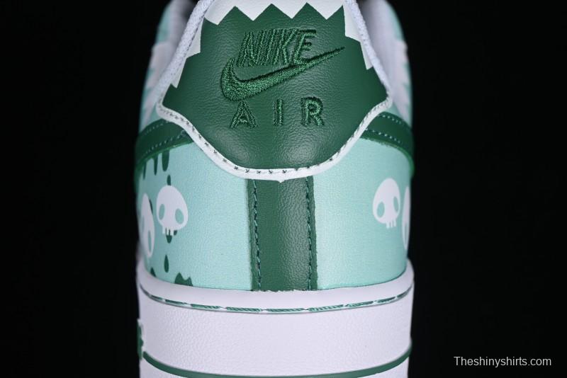 Nike Air Force 1 '07 Low Witch Collaboration Custom Leather Sneakers with Skull and Gradient White-Green Design - CW2288-111