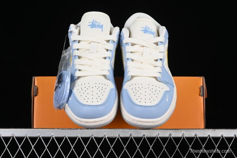Nike Air Jordan 1 Low Stussy Collaboration - Blue Gold Custom High-End Basketball Shoes - WG8850-007