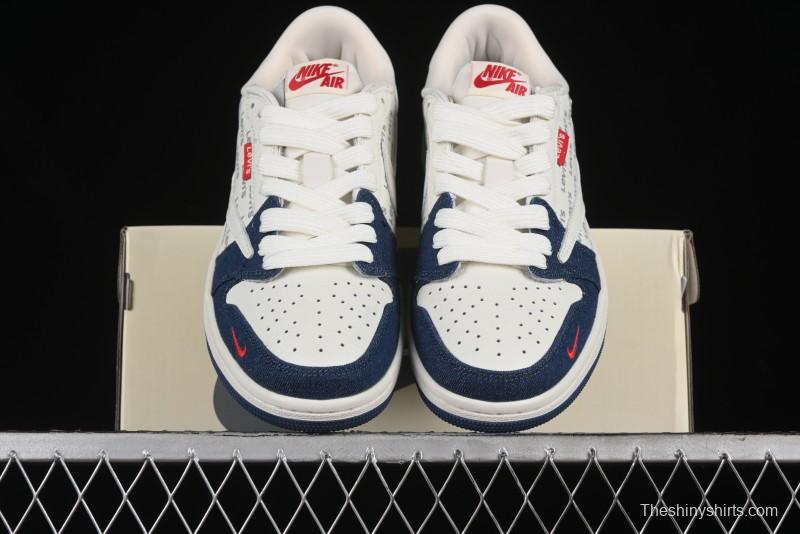 Nike Travis Scott x Fragment Design x Air Jordan 1 Low OG SP AJ1 Levi's Collaboration - White Blue Canvas Low Top Casual Sneakers - JH6088-605