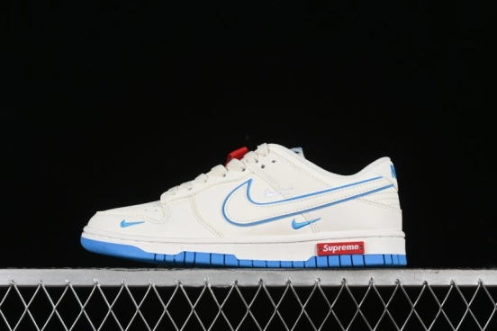 Nike SB Dunk Low Supreme Collaboration - Cream White with Sky Blue Swoosh Anniversary Customized Low-Top Casual Skate Shoes - DJ2024-012