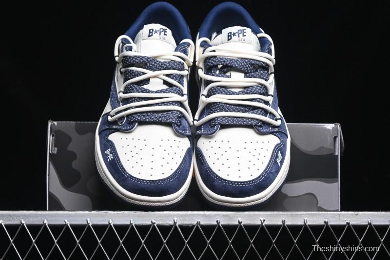 Nike Travis Scott x Fragment Design x Air Jordan 1 Low OG SP AJ1 Bape Collaboration - Klein Blue Lace-Up Low-Top Casual Sneakers - XS3186-201