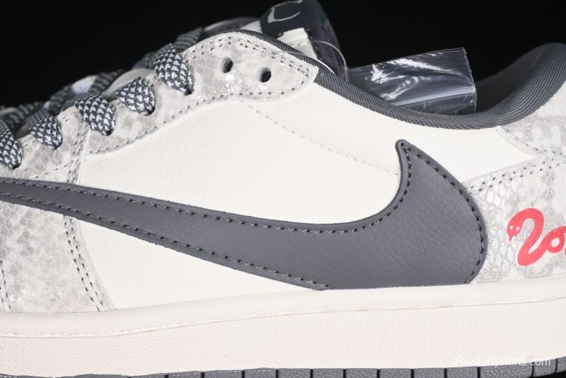 Nike Travis Scott x Fragment Design x Air Jordan 1 Low OG SP AJ1 Snake Year Limited Grey Snake Scale with Grey Swoosh Low-top Casual Sneakers - XS3086-009