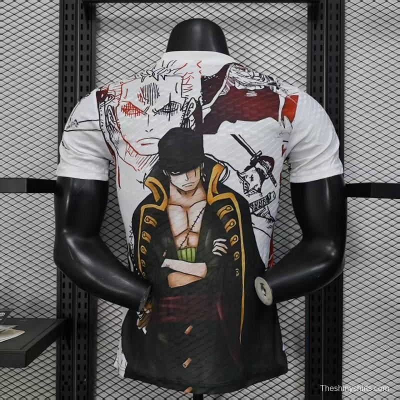 Player Version 2025 Japan White with One Piece Roronoa Zoro Character Jersey