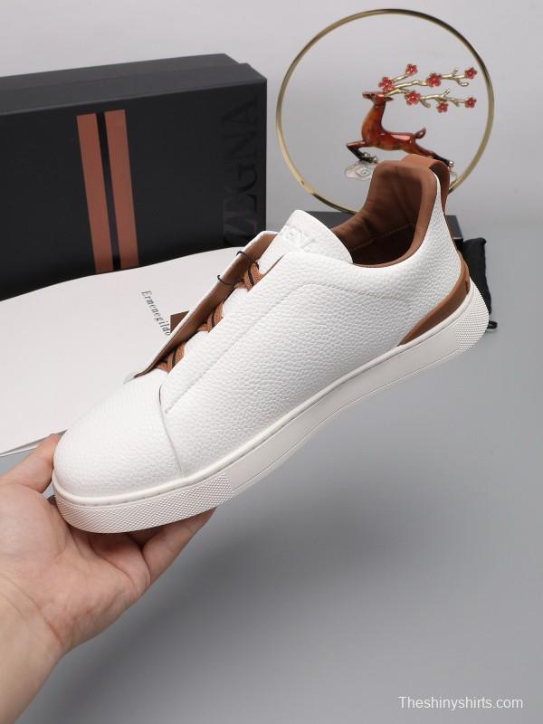 2024 Men Ermenegildo Zegna White Brown Leather Sneakers MJ00240
