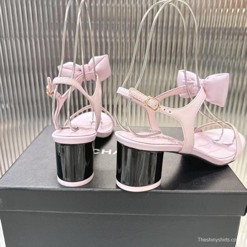 2025 Women Chanel Pink Leather Sandals Bow LY00260