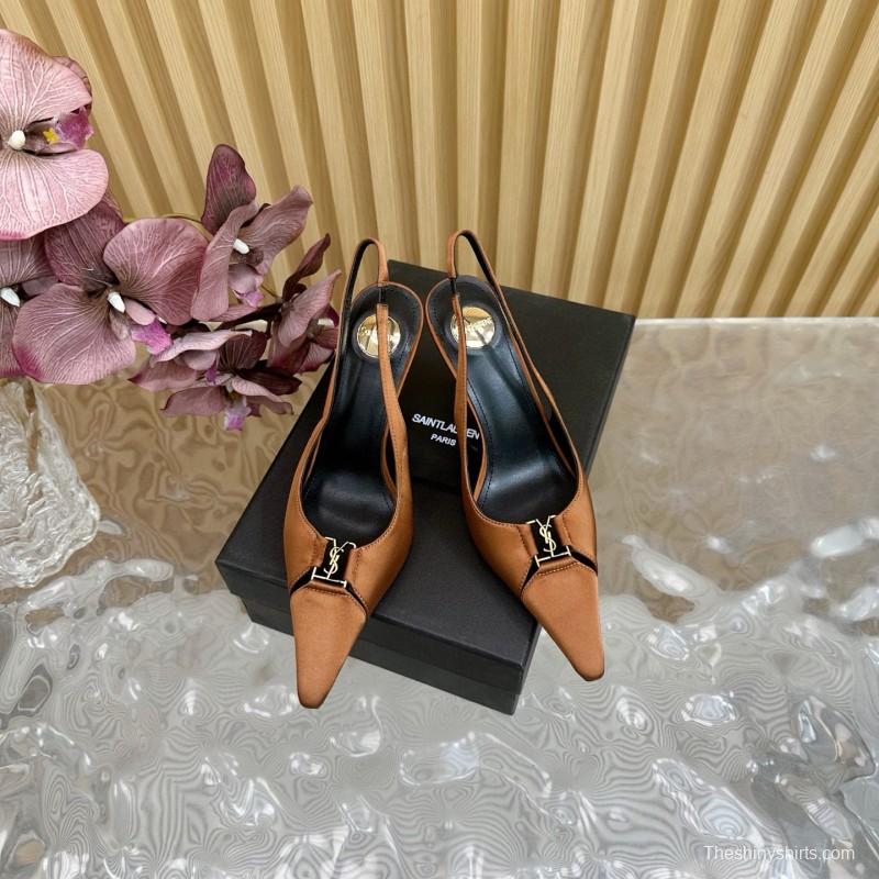 2025 Women Yves Saint Laurent Brown Leather Slingback Pumps MJ00300