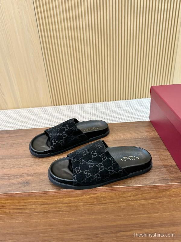 2025 Women Gucci Black Suede Leather Slippers