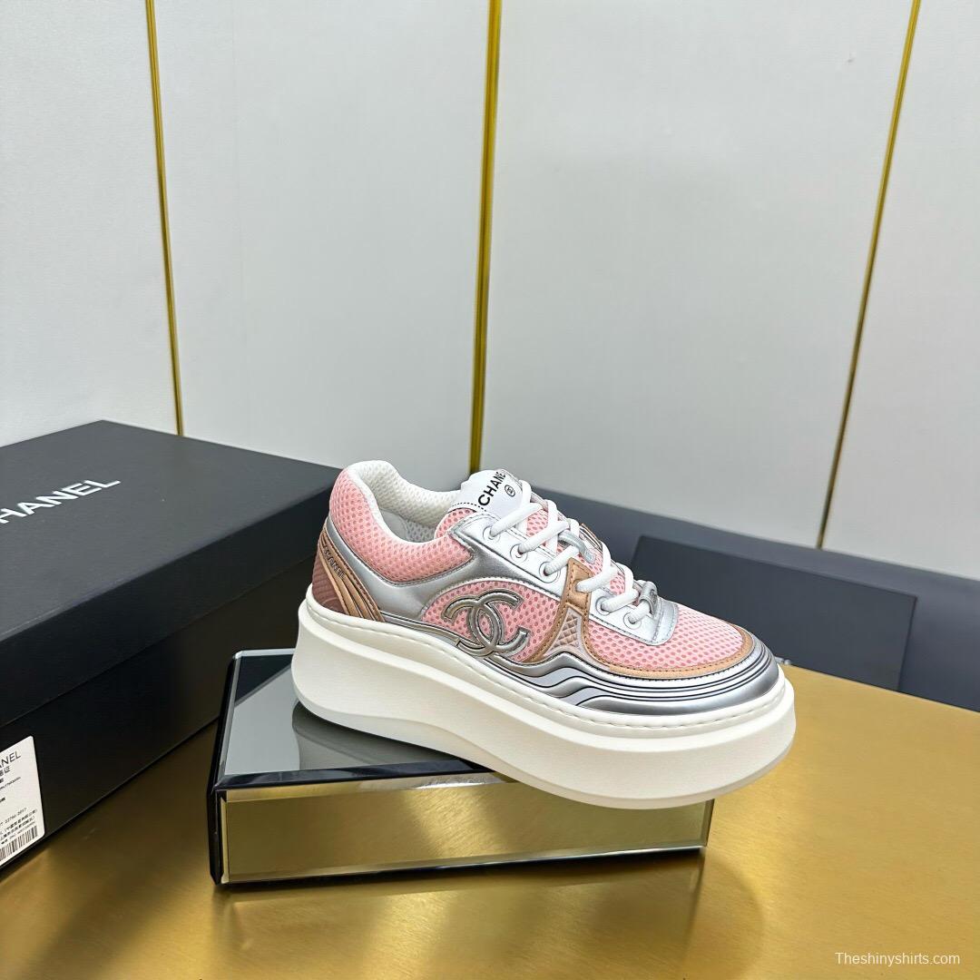 2025 Women Chanel Pink Silver Leather Mesh Sneakers