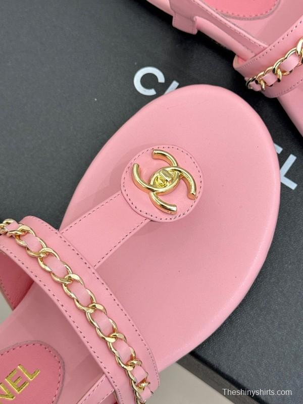 2025 Women Chanel Pink Lambskin Sandals CC Logo KFY00250