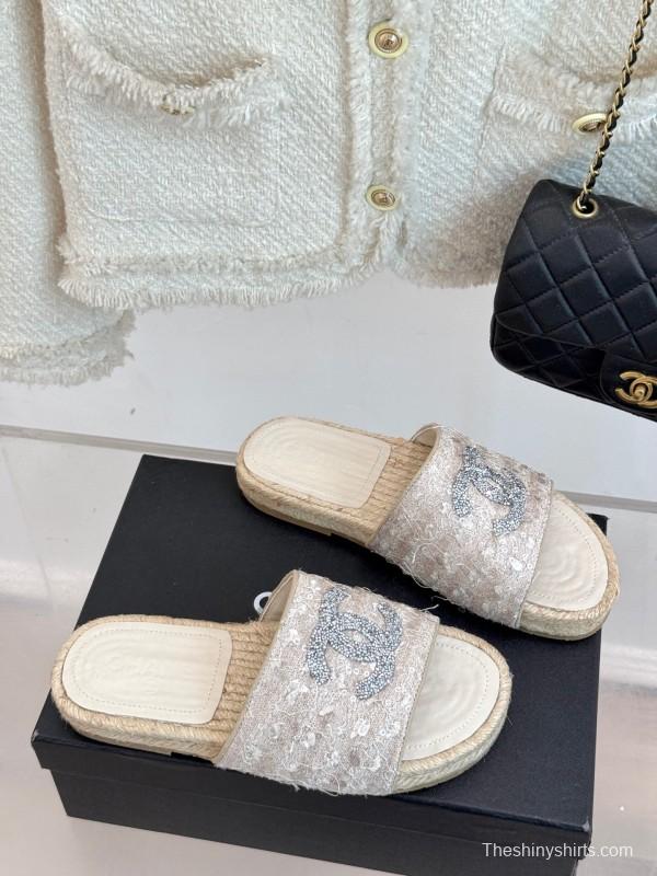 2025/Women Chanel White Lace Espadrille Slides With Sequined CC Logo KFY00240(F)