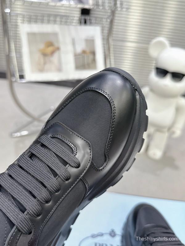 2025 Unisex Prada Black Leather Nylon Sneakers