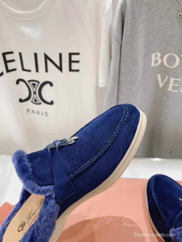 2024 Women Le Parmentier Blue Suede Shearling Loafers