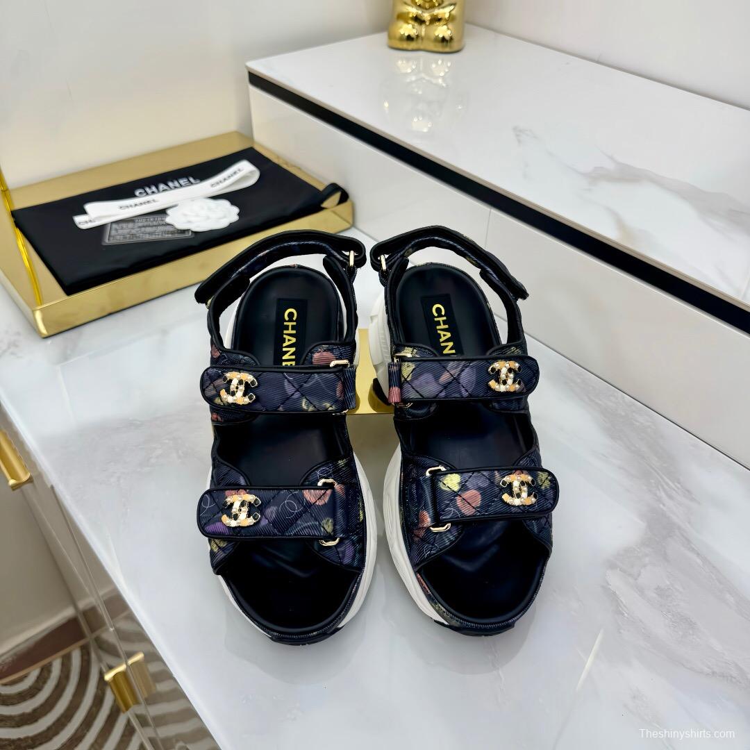 2025 Women Chanel Black Multicolor Fabric Leather Sandals LY00330