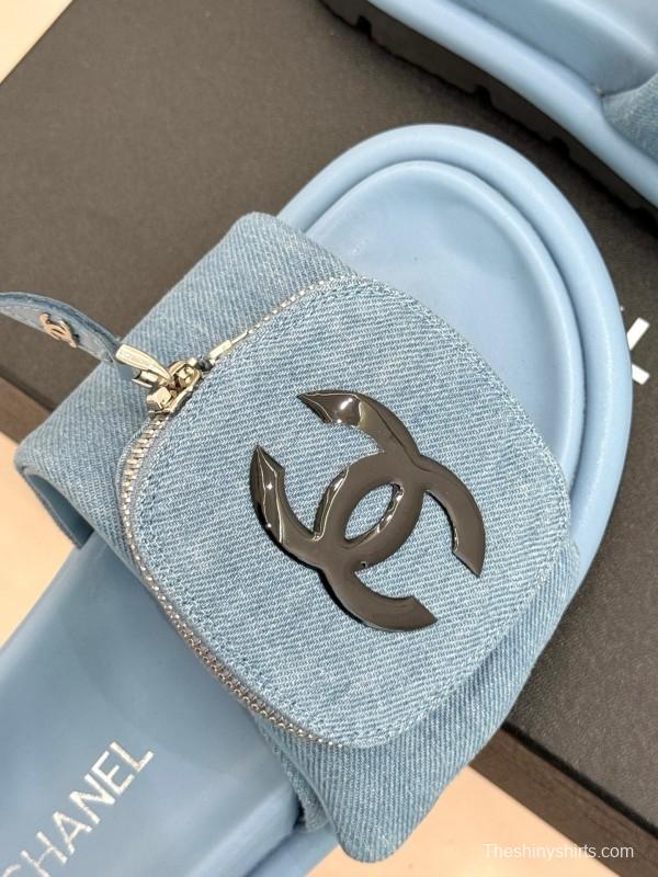 2025 Slippers Chanel Light Blue Denim Slippers KFY00220