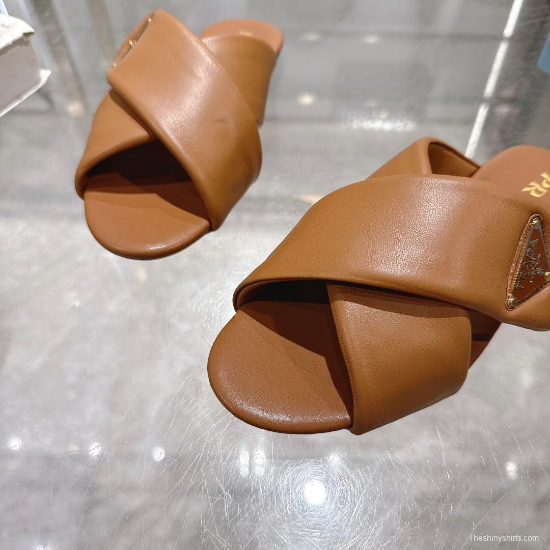 2025 Women Prada Brown Leather Slippers