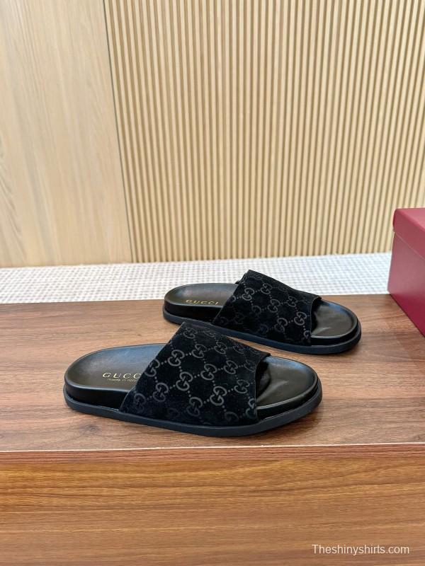 2025 Women Gucci Black Suede Leather Slippers