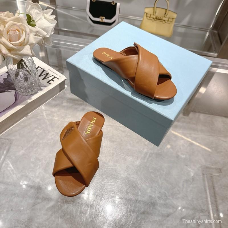 2025 Women Prada Brown Leather Slippers