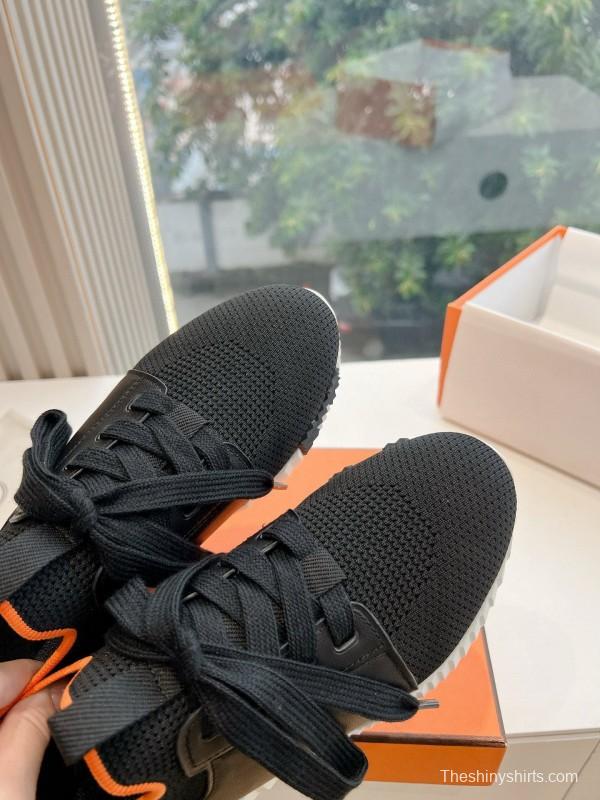 2024 Unisex Hermès Black Orange Knit Sneakers