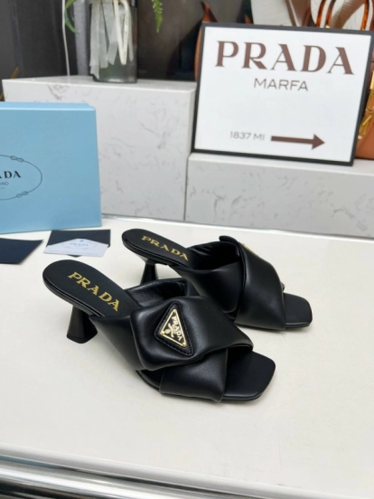 2025 Women Prada Black Soft Leather High Heel Mules KFY00270