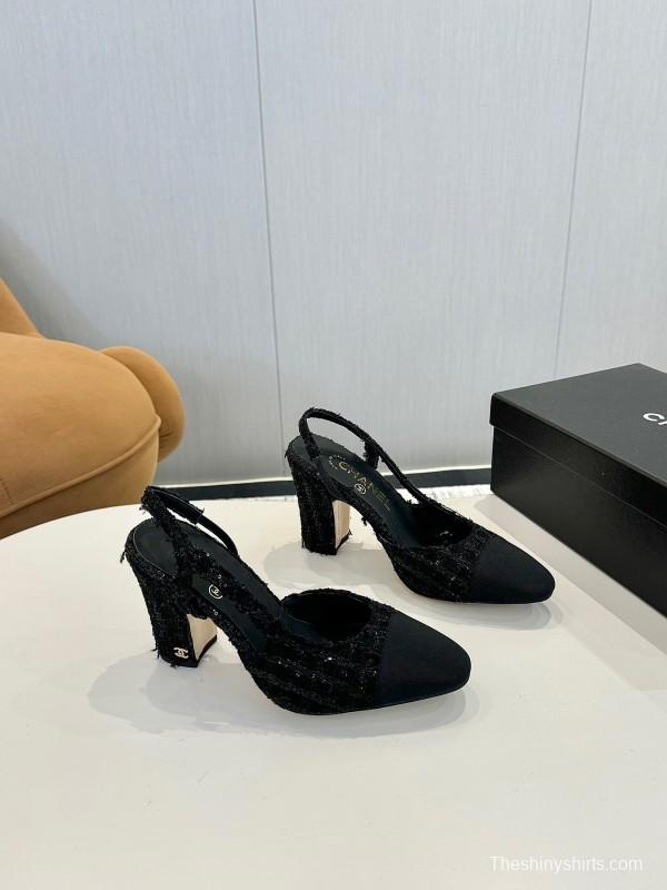 2025 Women Chanel Black Fabric Leather Slingback Heels