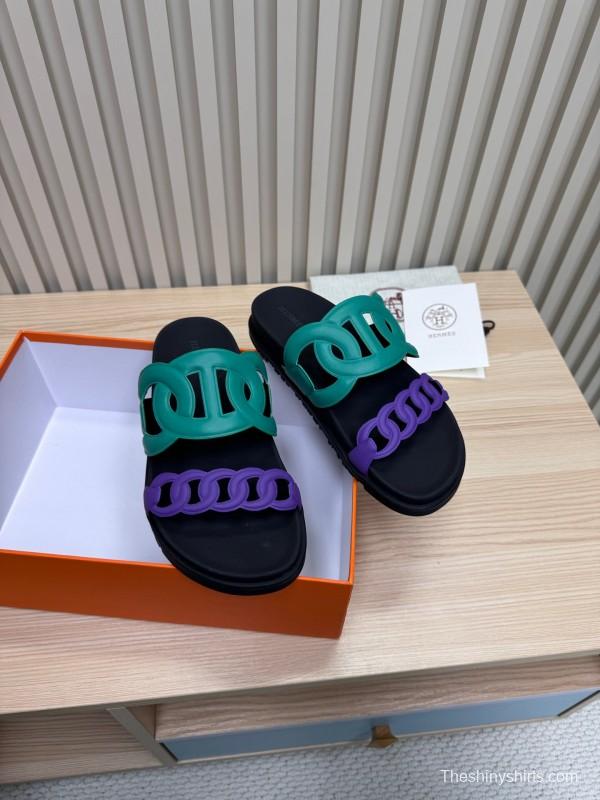2025 Slippers Hermès Green Purple Rubber Casual LY00360