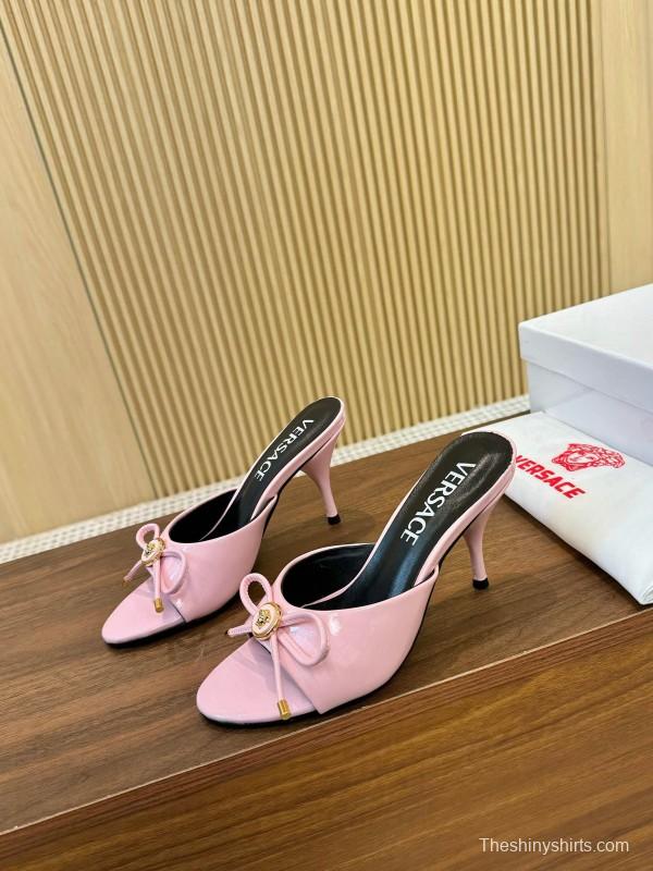 2025 Women VERSACE Pink Leather Heeled Mules LY00210