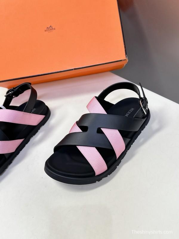 2025 Women Hermès Pink Black Leather Sandals