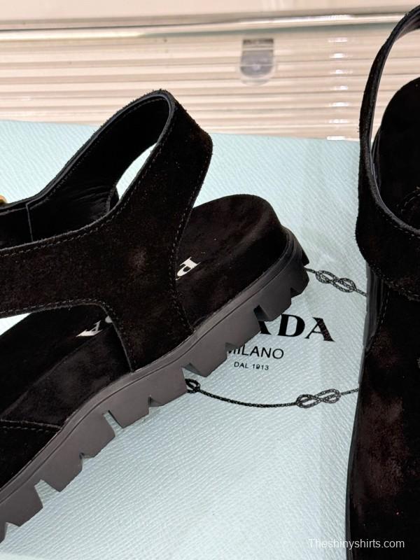 2025 Women Prada Black Suede Sandals