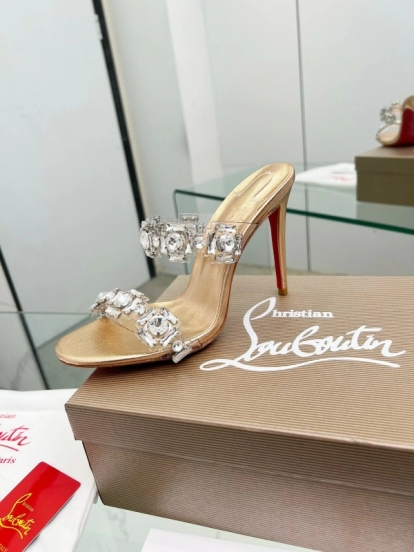 2025 Women Christian Louboutin Gold Leather High Heel Sandals LY00300