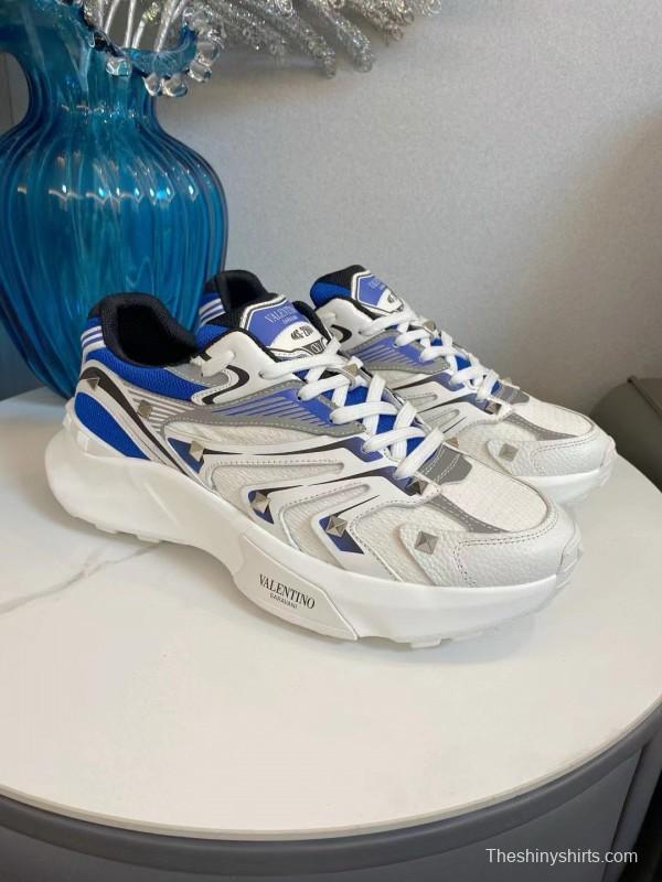 2024 Unisex Valentino Blue White Grey Mesh Leather Sneakers MJ00410