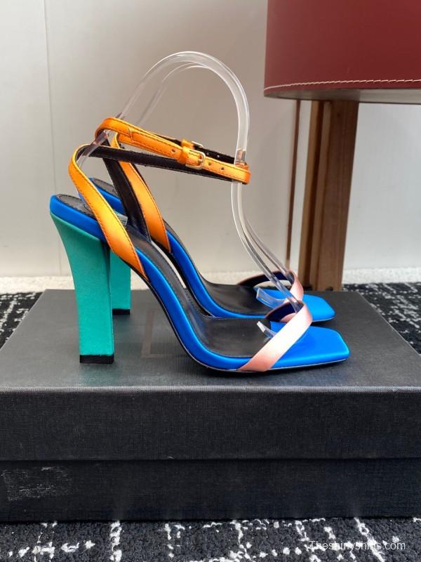 2025 Women Yves Saint Laurent Blue Orange Pink Leather Suede High Heel Sandals