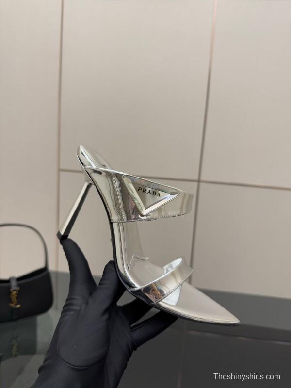 2025 Women Prada Silver Leather Pointed Toe Sandals