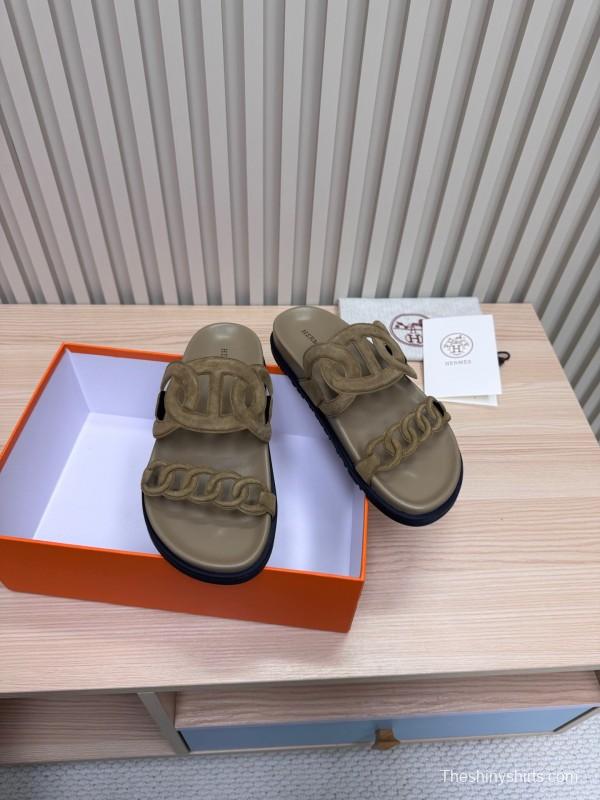 2025 Women Hermès Khaki Suede Slippers