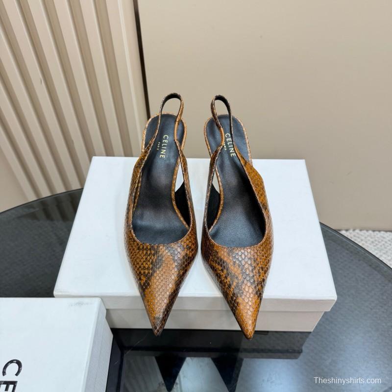2025 Women Celine Brown Snakeskin Leather Slingback Heels