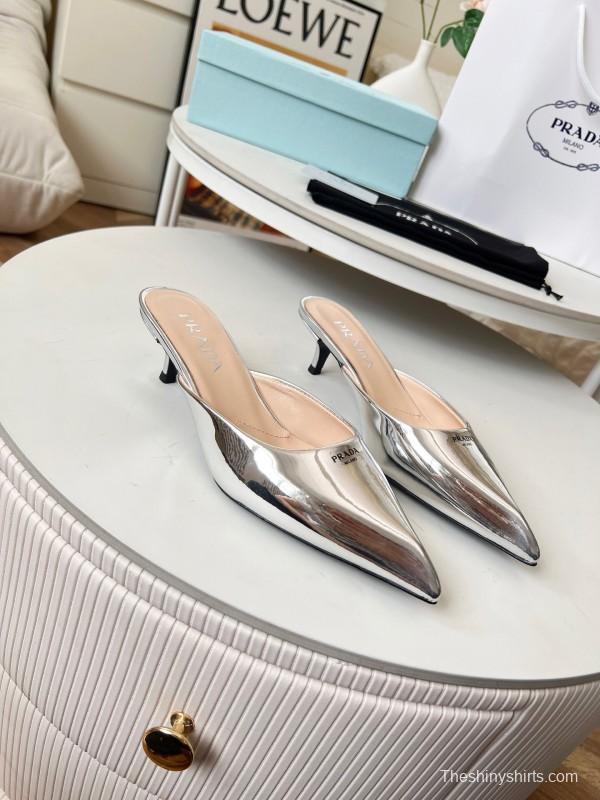 2025 Women Prada Silver Patent Leather Mules