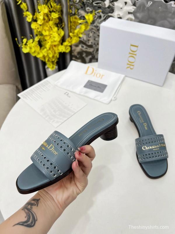 2025 Women Dior Blue Leather Slide Sandals LY00210