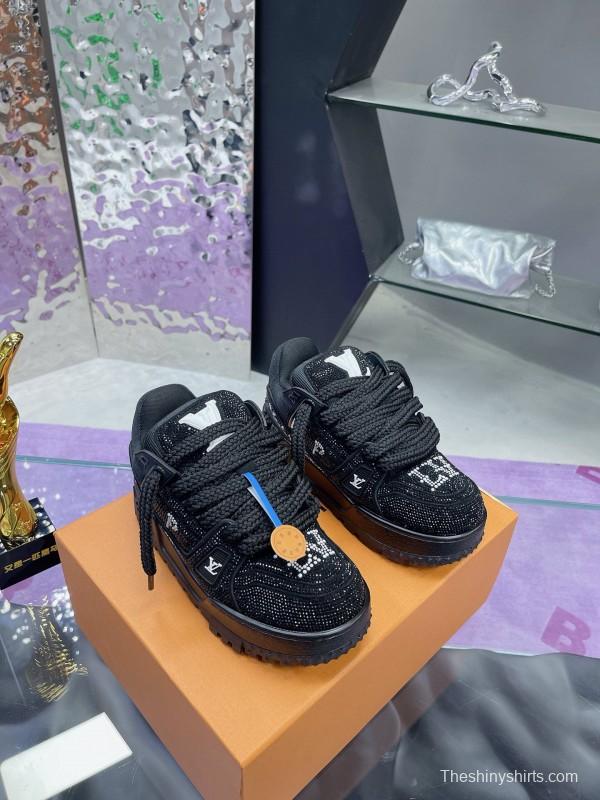 2024 Kids Louis Vuitton Black Rhinestone Fabric LV Trainer