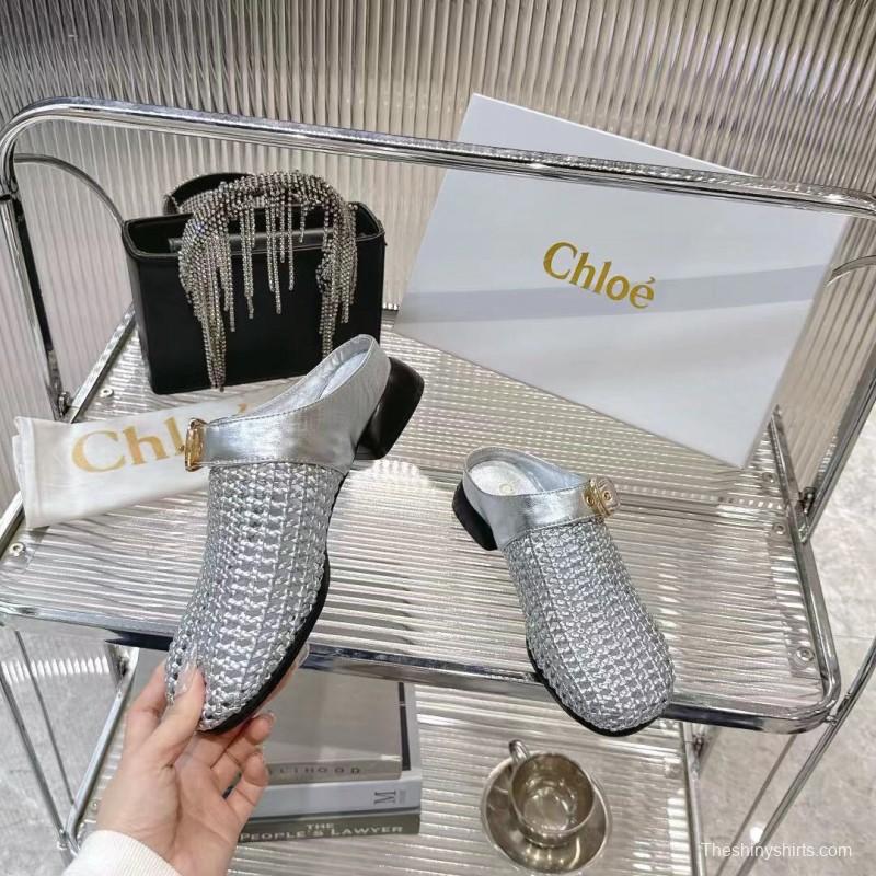 2025 Women Chloé Silver Leather Woven Slippers