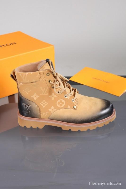 2024 Men Louis Vuitton Beige Black Leather Canvas Boots MJ00470
