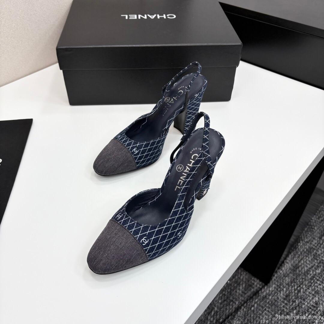 2025 Women Chanel Blue Denim Fabric Slingback Shoes