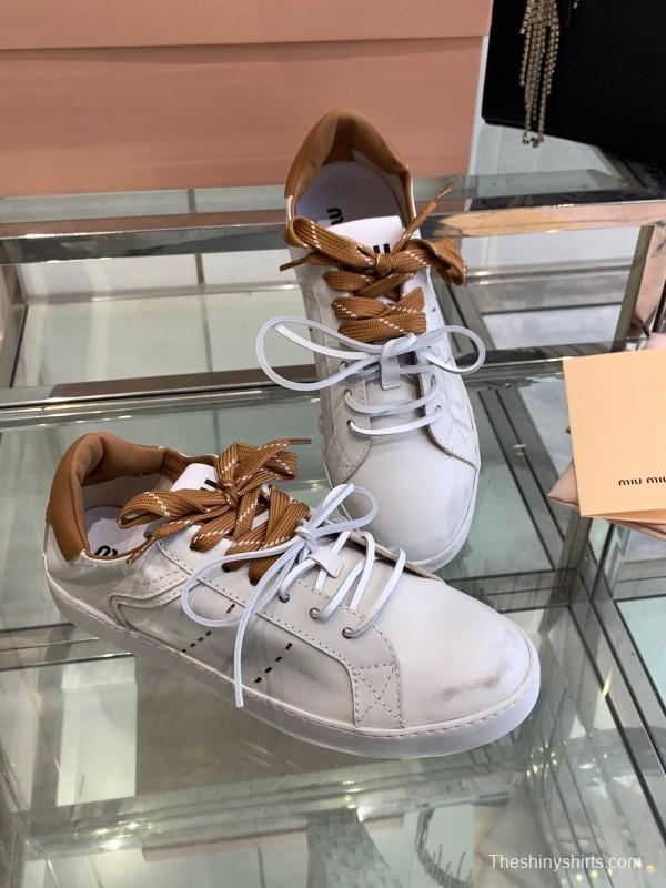 2025 Women Miu Miu White Brown Leather Sneakers LY00290