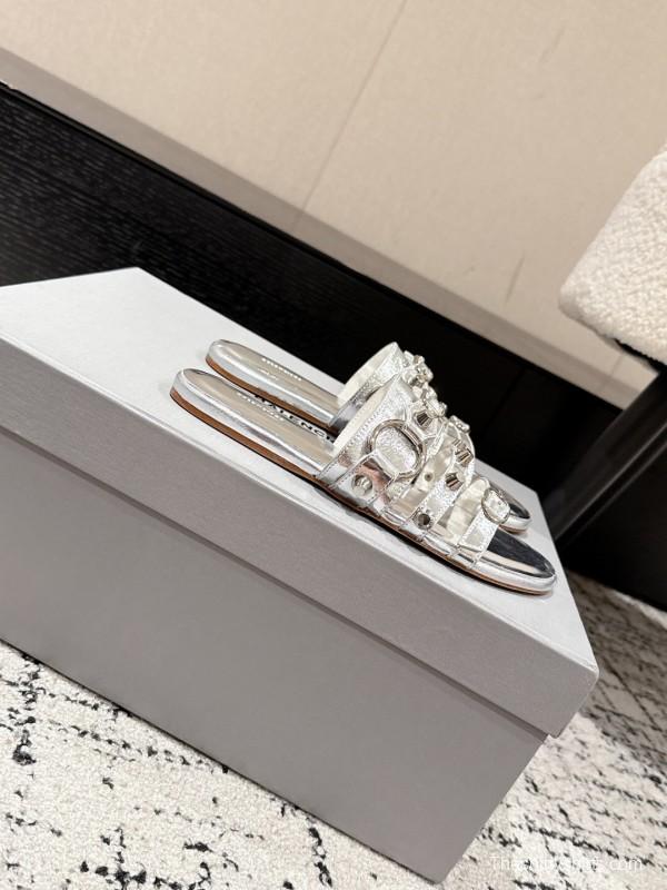 2025 Slippers Balenciaga Silver Leather Metal Buckle KFY00289