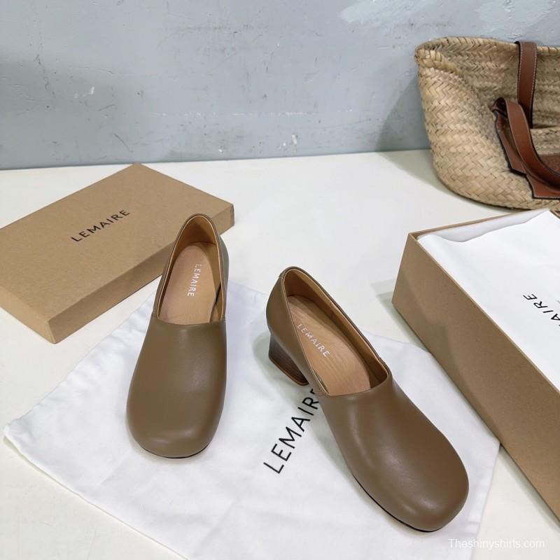 2025 Women LEMAIRE Brown Leather Block Heel Shoes