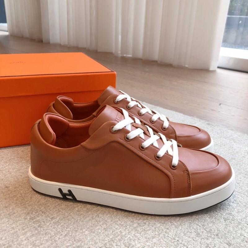 2025 Men Hermès Brown White Leather Sneakers AS00380