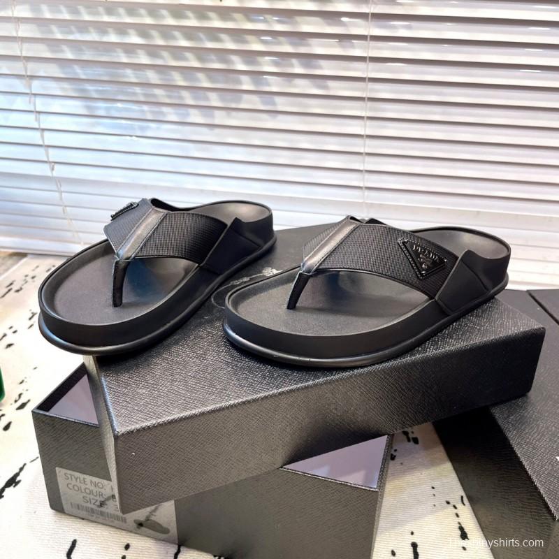 2025 Men Prada Black Fabric Leather Sandals Logo KFY00230