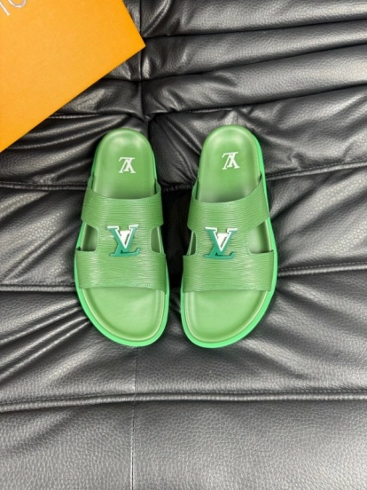 2025 Men Louis Vuitton Green Leather Slippers AS00170