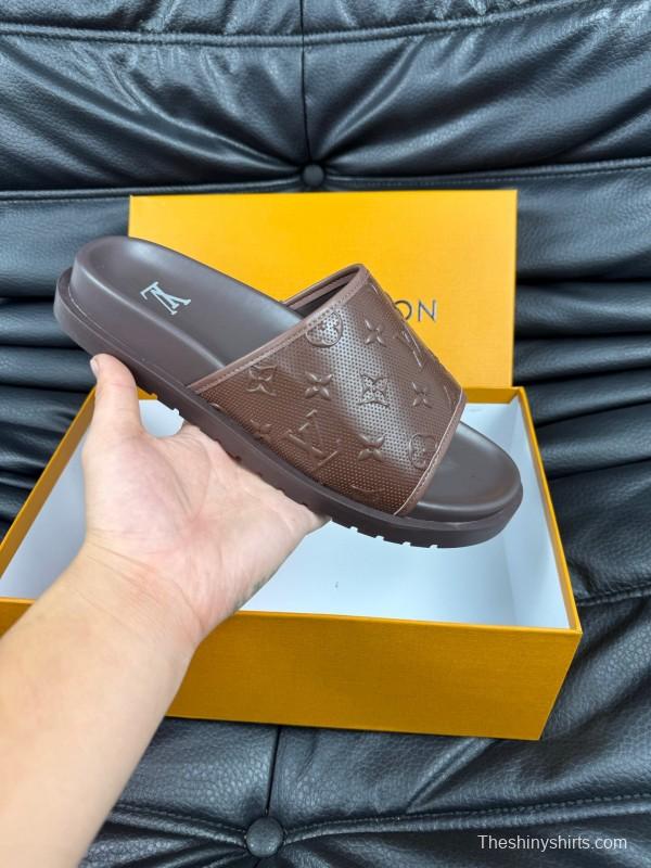 2025 Men Louis Vuitton Brown Leather Slippers AS00170